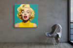 Hyper-stylized digital portrait of a woman with blonde curly hair and pink lips, bold teal and yellow pop-art canvas