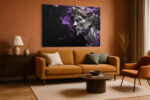 Classical bust sculpture with vivid purple paint explosion, digital art canvas print for contemporary living room