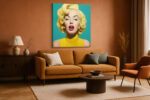 Hyper-stylized digital portrait of a woman with blonde curly hair and pink lips, bold teal and yellow pop-art canvas
