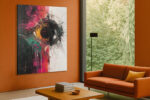 Bold black-and-white split abstract vortex with magenta and teal paint drips, energetic acrylic canvas wall art