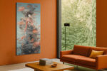 Female figure with lotus flowers and swirling mist, coral and teal digital art canvas print for bedroom or living room