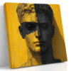 Classical bust split into amber cracked illustration and dark sculpture, bold mixed-media portrait canvas for living room