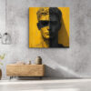 Classical bust split into amber cracked illustration and dark sculpture, bold mixed-media portrait canvas for living room