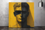 Classical bust split into amber cracked illustration and dark sculpture, bold mixed-media portrait canvas for living room