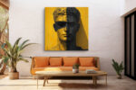 Classical bust split into amber cracked illustration and dark sculpture, bold mixed-media portrait canvas for living room