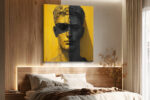 Classical bust split into amber cracked illustration and dark sculpture, bold mixed-media portrait canvas for living room