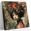 Female figure with towering headdress in deep red and near-black, mixed-media collage portrait canvas for living room