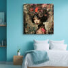 Female figure with towering headdress in deep red and near-black, mixed-media collage portrait canvas for living room