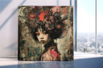 Female figure with towering headdress in deep red and near-black, mixed-media collage portrait canvas for living room