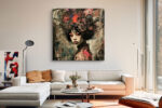 Female figure with towering headdress in deep red and near-black, mixed-media collage portrait canvas for living room
