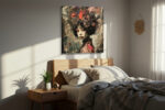 Female figure with towering headdress in deep red and near-black, mixed-media collage portrait canvas for living room