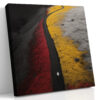 Solitary figure on winding path through vivid red, yellow, black flower fields, bold aerial digital art for living room