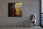 Solitary figure on winding path through vivid red, yellow, black flower fields, bold aerial digital art for living room