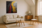 Solitary figure on winding path through vivid red, yellow, black flower fields, bold aerial digital art for living room