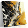 Fluid abstract paint swirls in amber gold and deep black, bold contemporary wall art canvas for living rooms