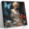Woman with butterfly and kitchenware in deep navy and red, romantic digital art canvas for dining room