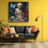 Woman with butterfly and kitchenware in deep navy and red, romantic digital art canvas for dining room