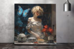 Woman with butterfly and kitchenware in deep navy and red, romantic digital art canvas for dining room