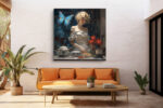 Woman with butterfly and kitchenware in deep navy and red, romantic digital art canvas for dining room