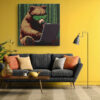 Pixel-art bear with LED sunglasses and laptop in dark green bamboo grove, bold retro digital art canvas for home office