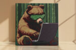 Pixel-art bear with LED sunglasses and laptop in dark green bamboo grove, bold retro digital art canvas for home office