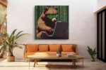 Pixel-art bear with LED sunglasses and laptop in dark green bamboo grove, bold retro digital art canvas for home office