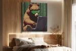 Pixel-art bear with LED sunglasses and laptop in dark green bamboo grove, bold retro digital art canvas for home office