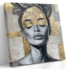Female portrait with gold wash and silver-grey linework, art deco geometric canvas print for bedroom or living room