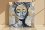 Female portrait with gold wash and silver-grey linework, art deco geometric canvas print for bedroom or living room