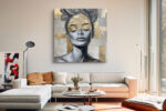 Female portrait with gold wash and silver-grey linework, art deco geometric canvas print for bedroom or living room