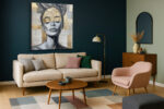 Female portrait with gold wash and silver-grey linework, art deco geometric canvas print for bedroom or living room