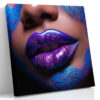 Metallic violet and electric-blue glitter lips close-up, bold beauty photography wall art canvas for contemporary living room