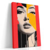 Mirrored female portrait fragmented by vivid red and amber geometric blocks, bold digital art canvas for a living room