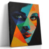 Geometric female face in teal, cobalt blue and vivid orange triangles, bold acrylic portrait canvas wall art
