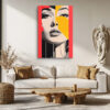 Mirrored female portrait fragmented by vivid red and amber geometric blocks, bold digital art canvas for a living room