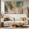 Palm fronds and monstera leaves in golden tan and teal, tropical botanical illustration canvas for bohemian living room