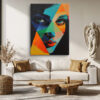 Geometric female face in teal, cobalt blue and vivid orange triangles, bold acrylic portrait canvas wall art