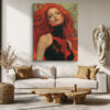 Fierce woman with flaming red hair in black costume, bold fantasy digital art portrait canvas for home office