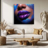 Metallic violet and electric-blue glitter lips close-up, bold beauty photography wall art canvas for contemporary living room