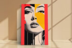 Mirrored female portrait fragmented by vivid red and amber geometric blocks, bold digital art canvas for a living room