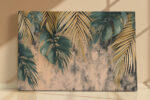 Palm fronds and monstera leaves in golden tan and teal, tropical botanical illustration canvas for bohemian living room