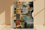 Female face profile layered with map grids and data charts in ochre and steel blue, mixed-media portrait canvas wall art