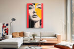 Mirrored female portrait fragmented by vivid red and amber geometric blocks, bold digital art canvas for a living room