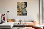 Female face profile layered with map grids and data charts in ochre and steel blue, mixed-media portrait canvas wall art