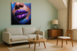 Metallic violet and electric-blue glitter lips close-up, bold beauty photography wall art canvas for contemporary living room