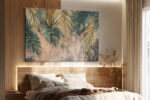 Palm fronds and monstera leaves in golden tan and teal, tropical botanical illustration canvas for bohemian living room