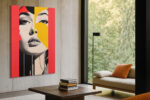Mirrored female portrait fragmented by vivid red and amber geometric blocks, bold digital art canvas for a living room