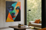 Geometric female face in teal, cobalt blue and vivid orange triangles, bold acrylic portrait canvas wall art