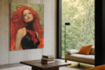 Fierce woman with flaming red hair in black costume, bold fantasy digital art portrait canvas for home office