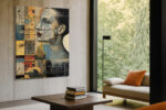 Female face profile layered with map grids and data charts in ochre and steel blue, mixed-media portrait canvas wall art